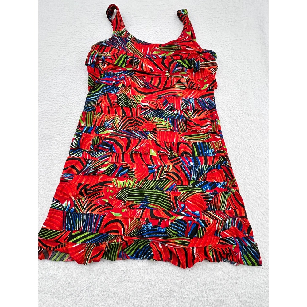 Tango Mango Collection Red Tropical Abstract Tiered Ruffle Dress XL Vintage